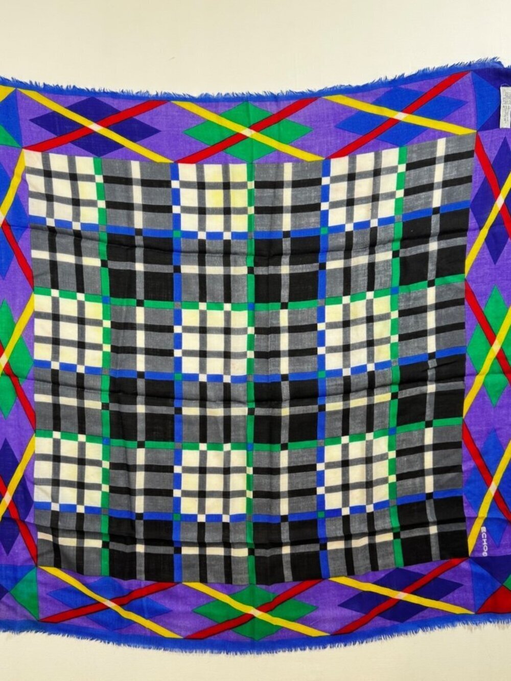 Echo Vintage Wool Scarf Geometric Colorblock Plaid Multicolor Japan Maximalist